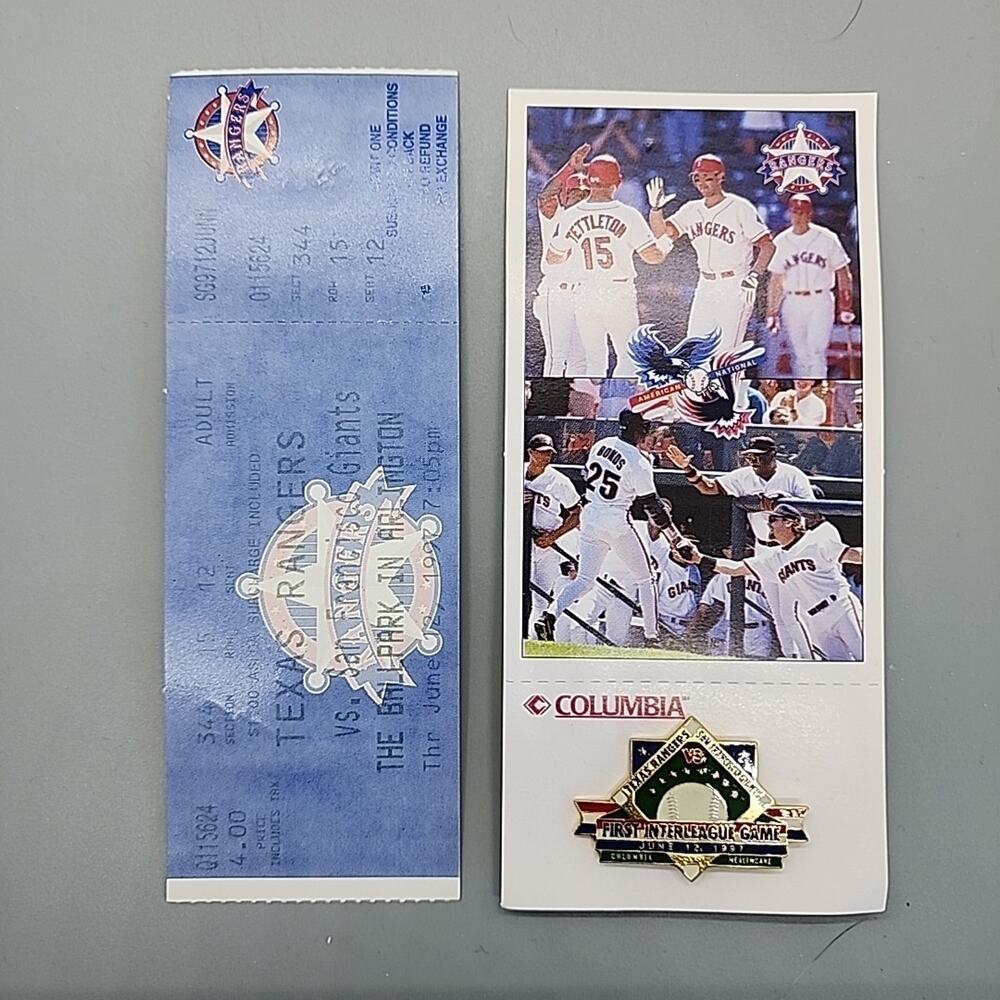 Texas Rangers First Interleague Baseball Game Ticket Stub and Pin June 12 1997